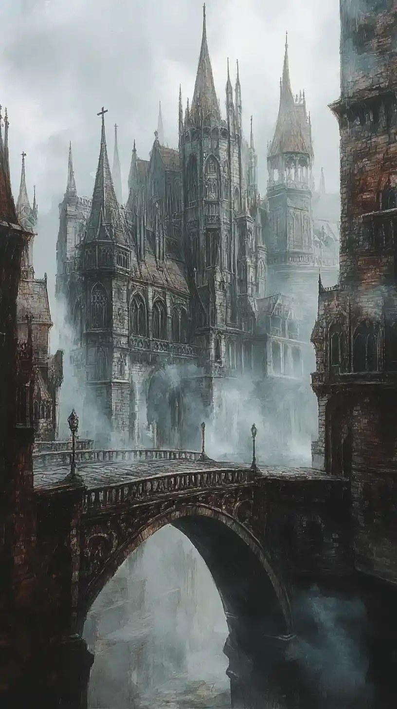 Gothic city towers rising through misty watercolor streets