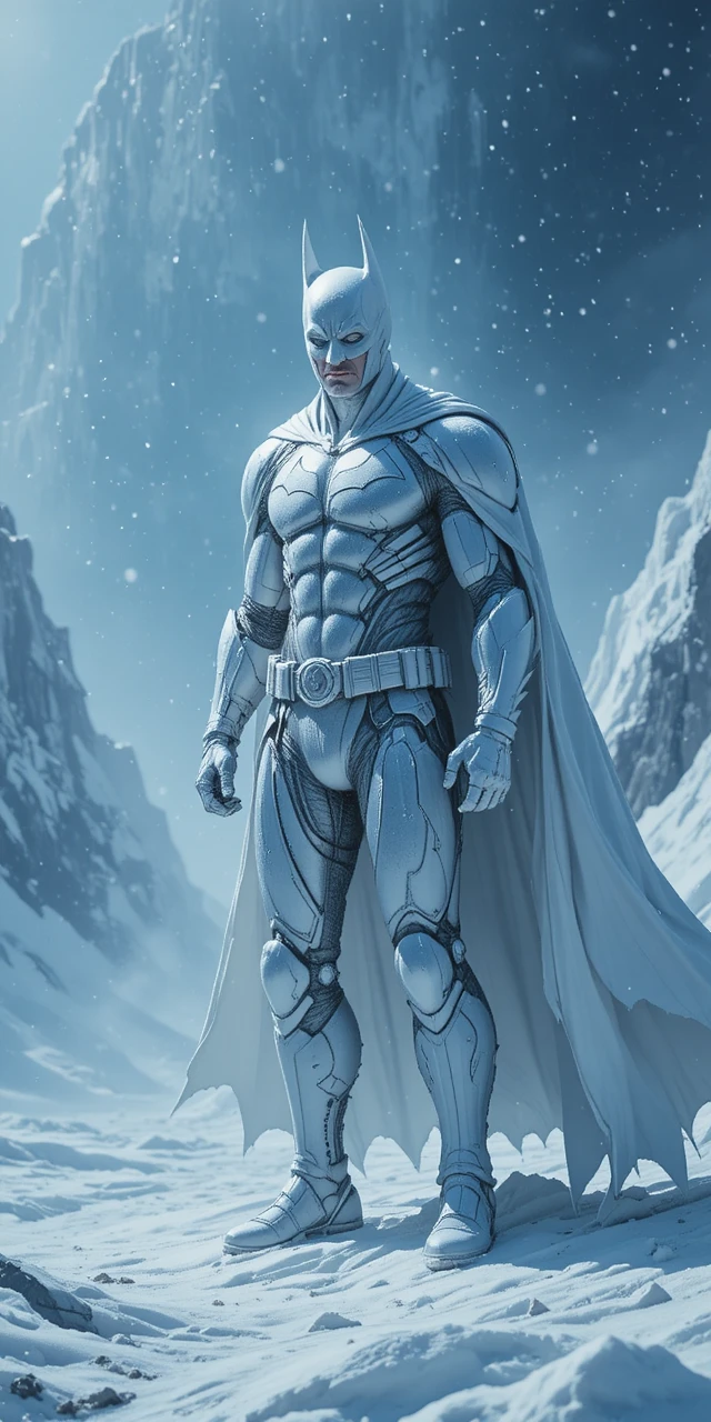 White suited hero standing tall in a frozen antarctic storm