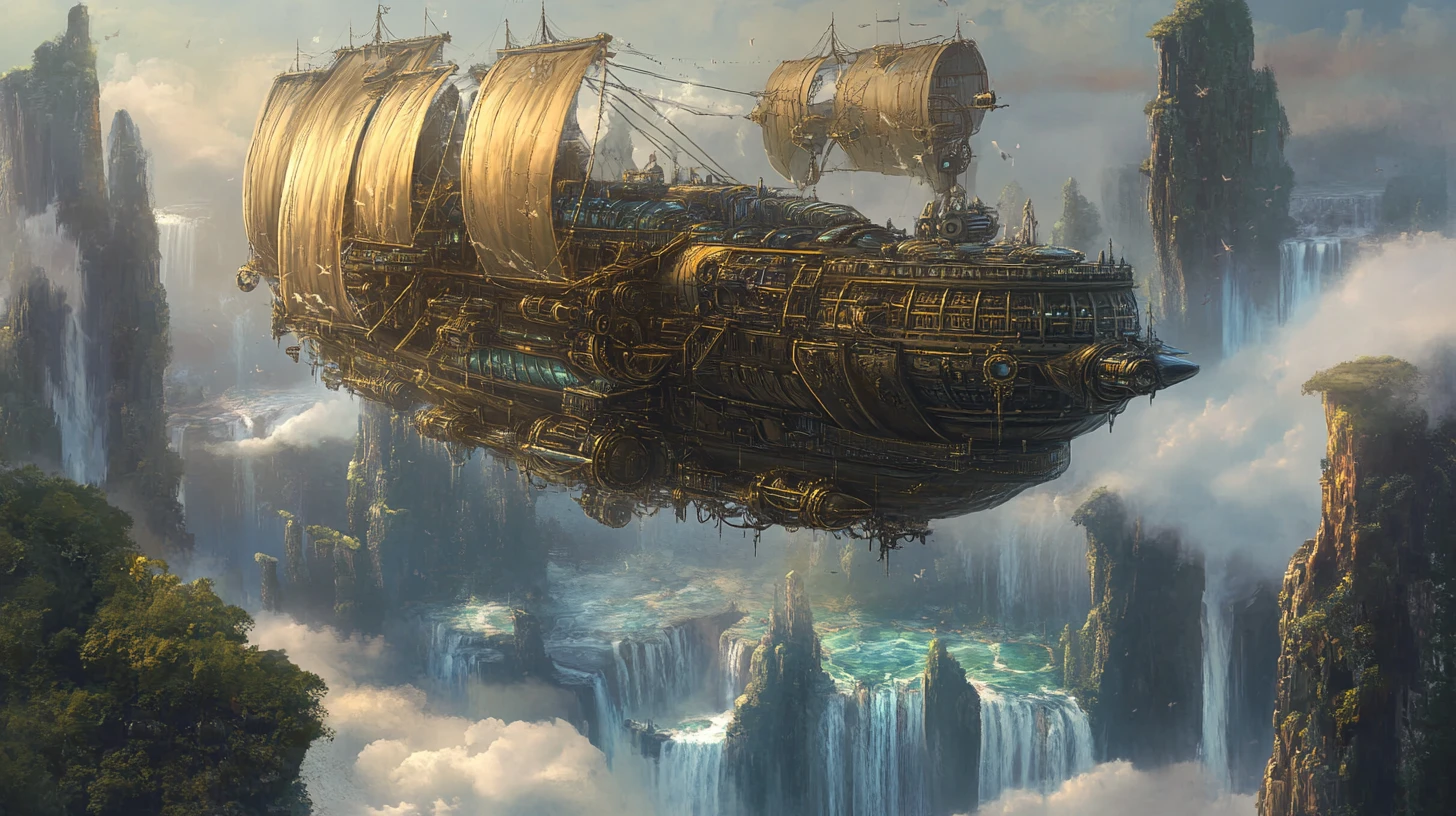 Steampunk-Luftschiff segelt zwischen gewaltigen schwebenden Inseln