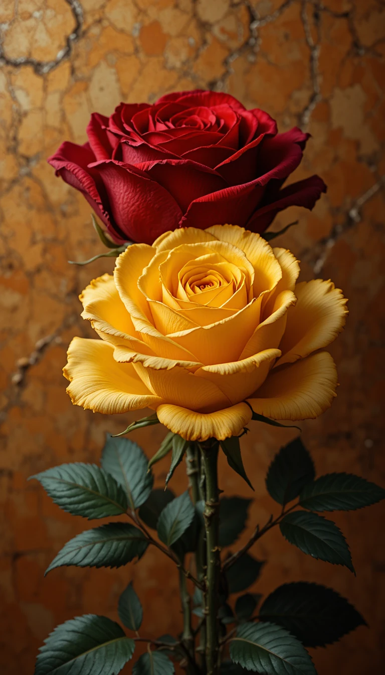 Primo piano di rose rosse e gialle con sfondo astratto caldo