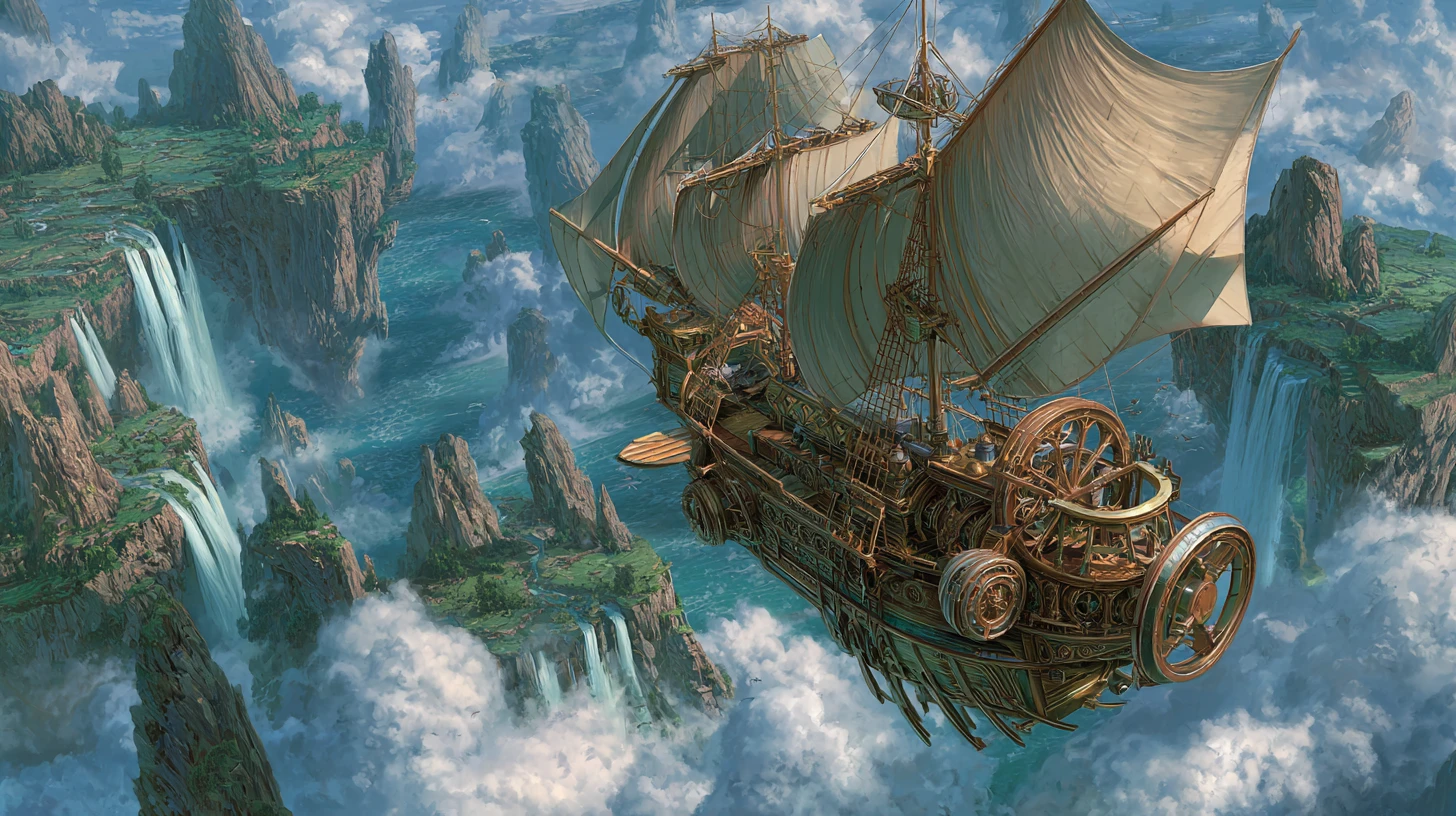 Vaisseau volant steampunk naviguant parmi d’imposantes îles flottantes