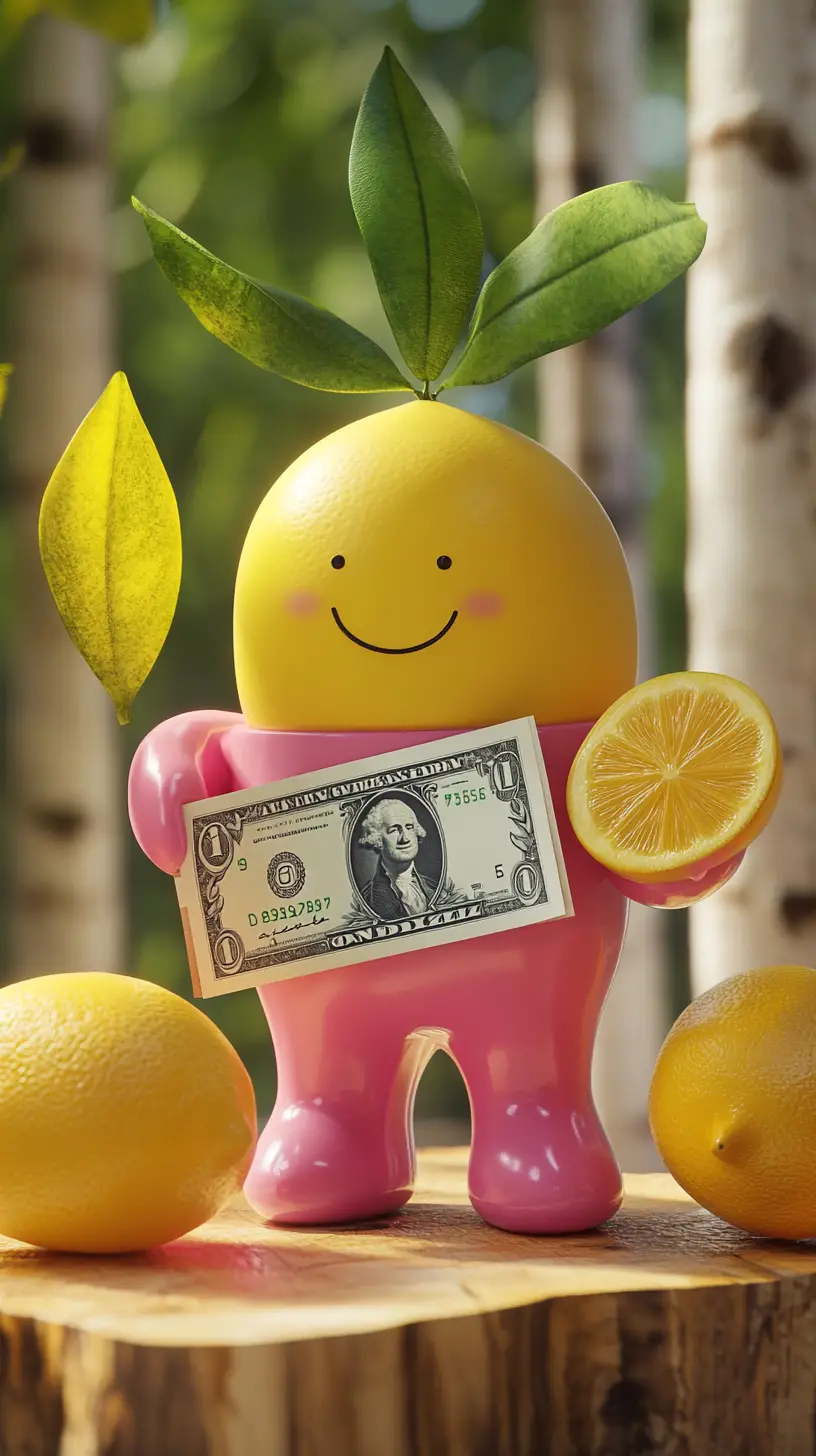 Cute 3D cartoon character with money and lemons