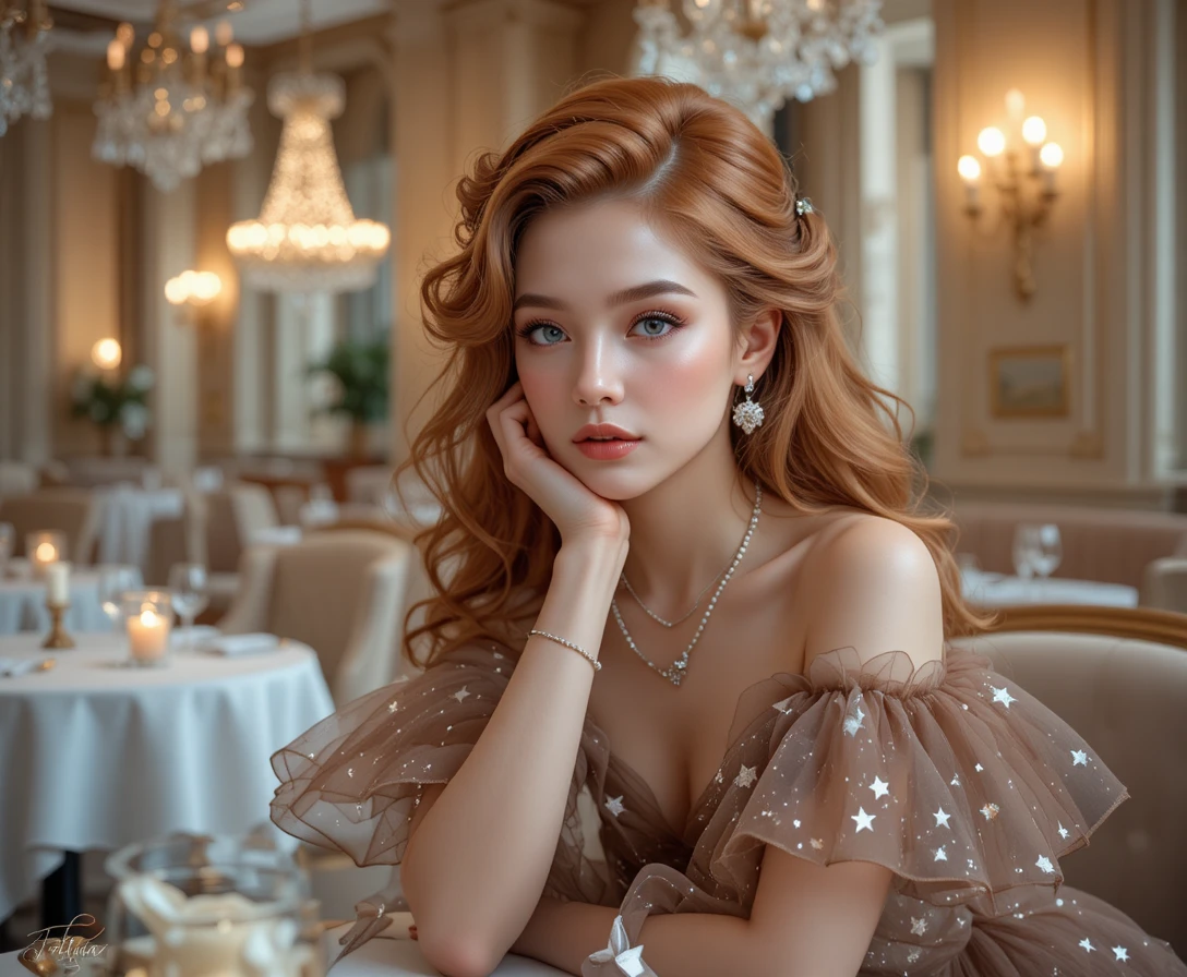 Donna dai capelli rossi pensierosa alla soffusa luce di candela in un ristorante