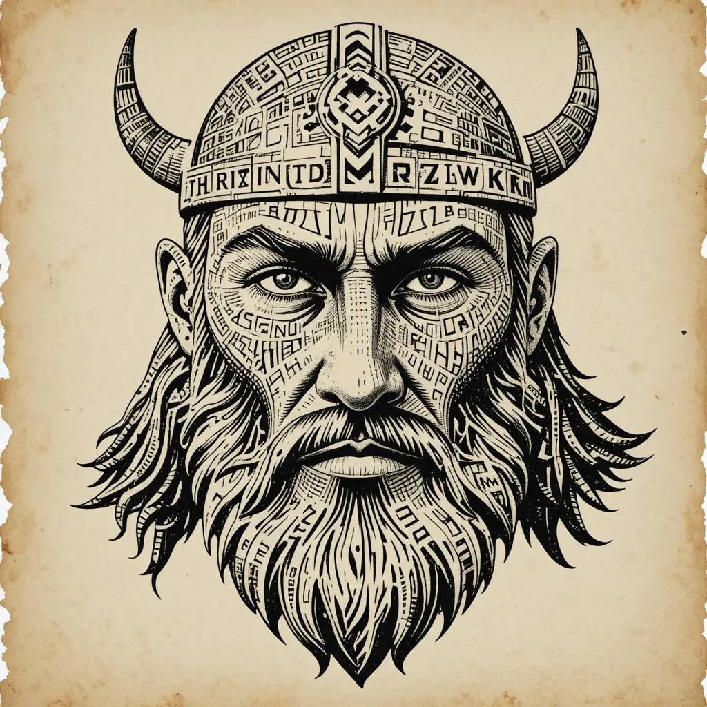 Viking warrior face built entirely from runic typography