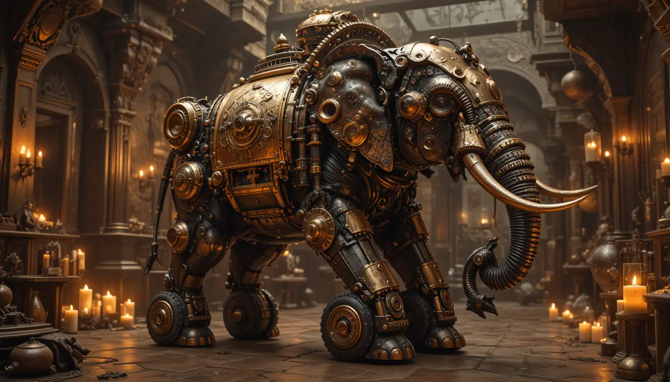 Steampunk Mechanical Elephant Glowing In Warm Candlelight