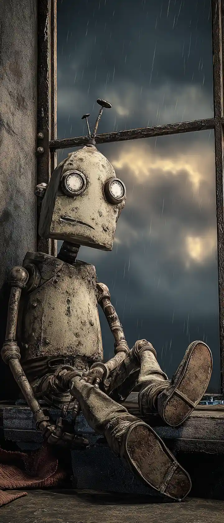 Robot malinconico seduto in una cupa stanza industriale