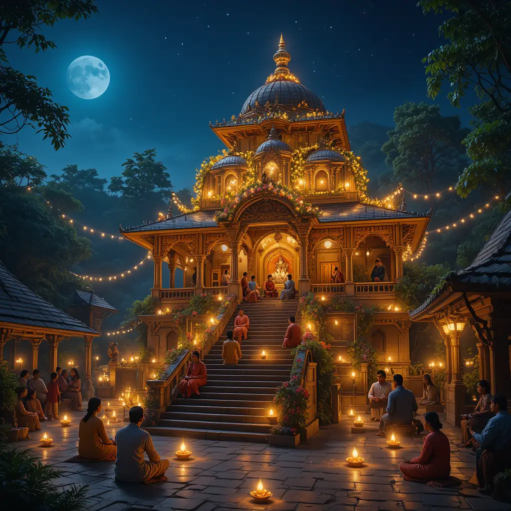 Sacred night view of flower decorated temple with devotees