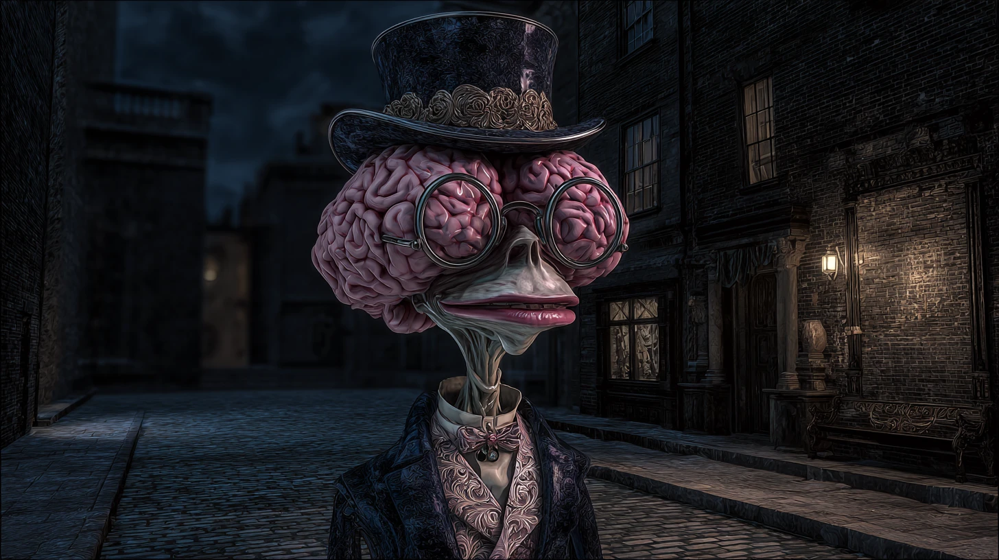 Cervello gentiluomo elegante che passeggia nei cupi vicoli della Londra vittoriana