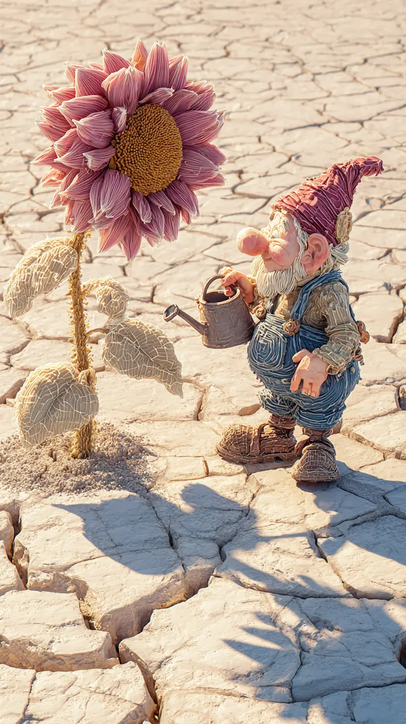 Tiny gnome watering giant sunflower in dry desert
