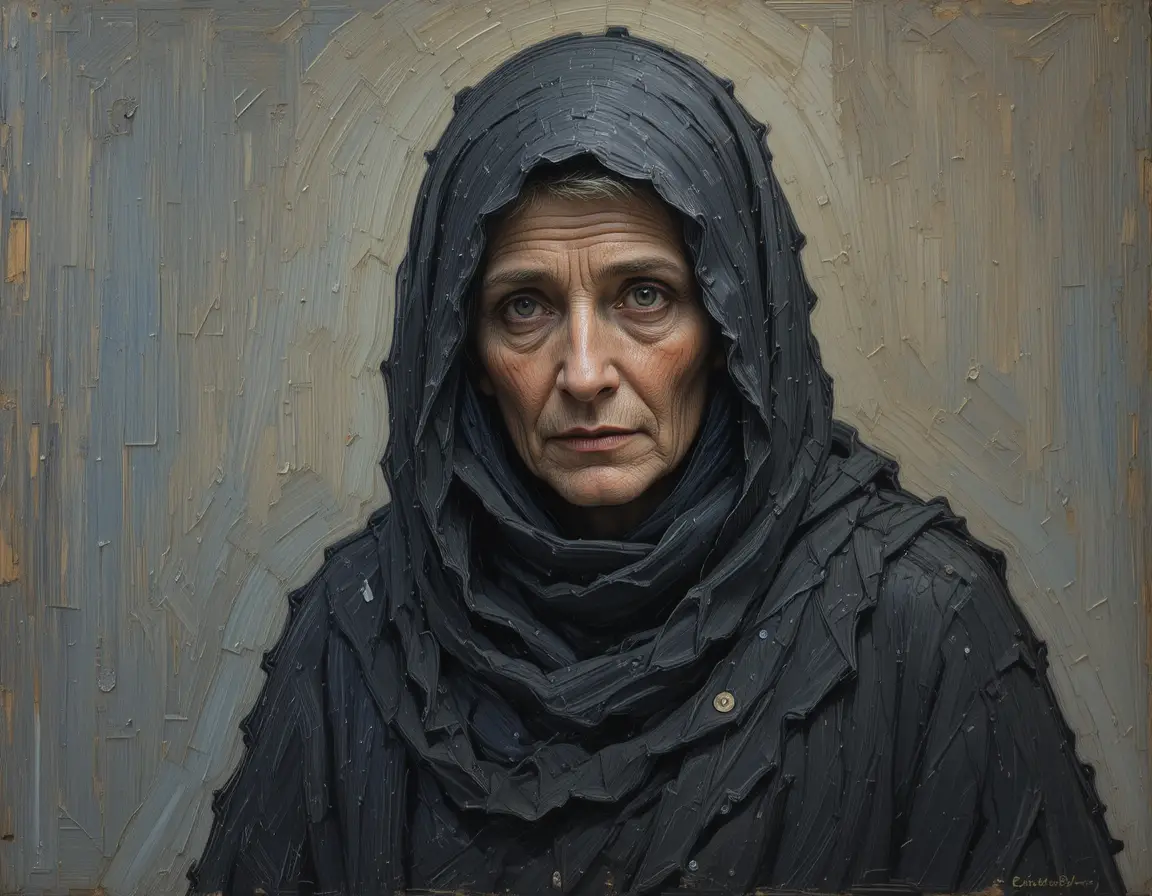 Wrinkled old peasant woman beneath a dark headscarf
