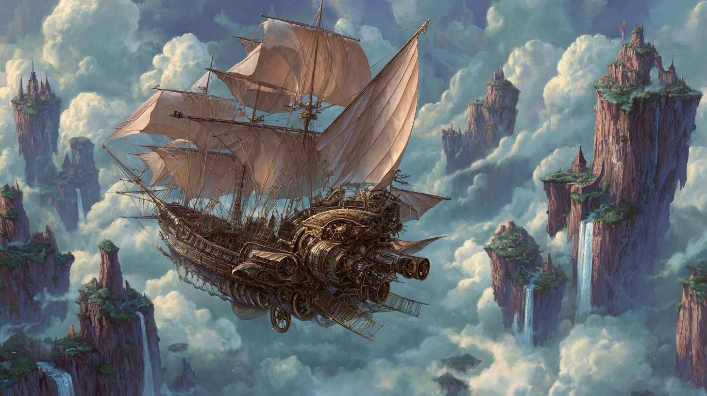 Steampunk-Luftschiff segelt an gewaltigen schwebenden Inseln vorbei