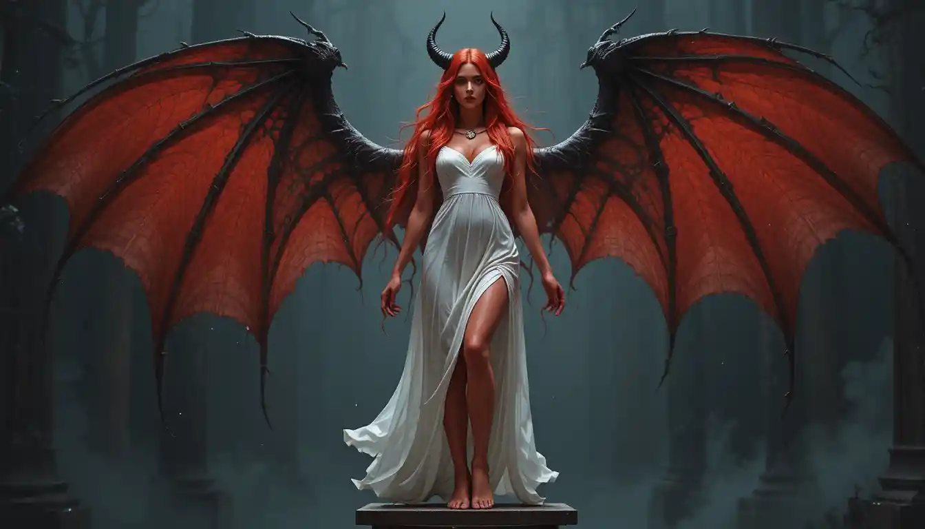 Demonia alada de piel roja con un vestido blanco