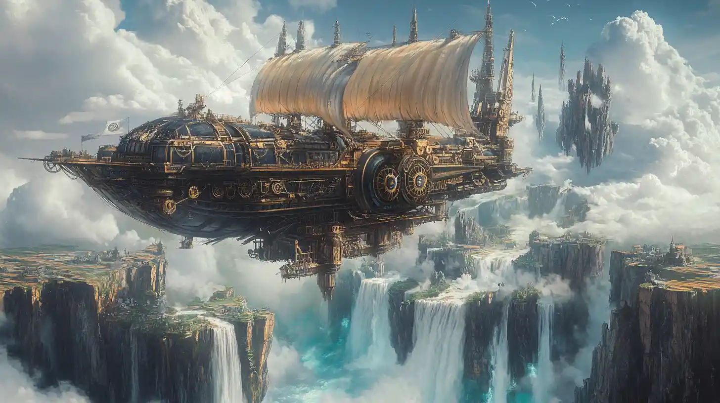 Dirigibile steampunk che solca imponenti isole fluttuanti
