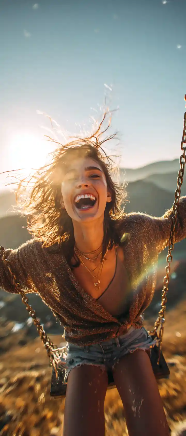 Woman on mountain swing embracing the rushing wind