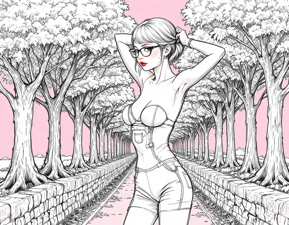 핑크 배경에서 멜빵바지를 입고 포즈를 취한 너디한 포토리얼 여성