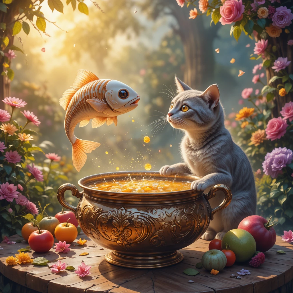 Enchanting Cat Watching Skeleton Fish Leap From Magic Soup