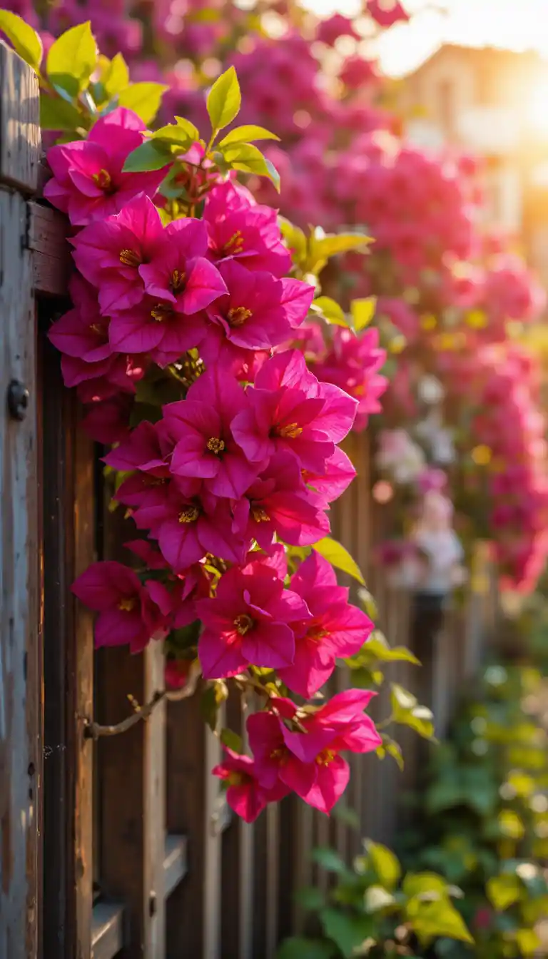 Magenta bougainvillea flowers glowing against a rustic fence