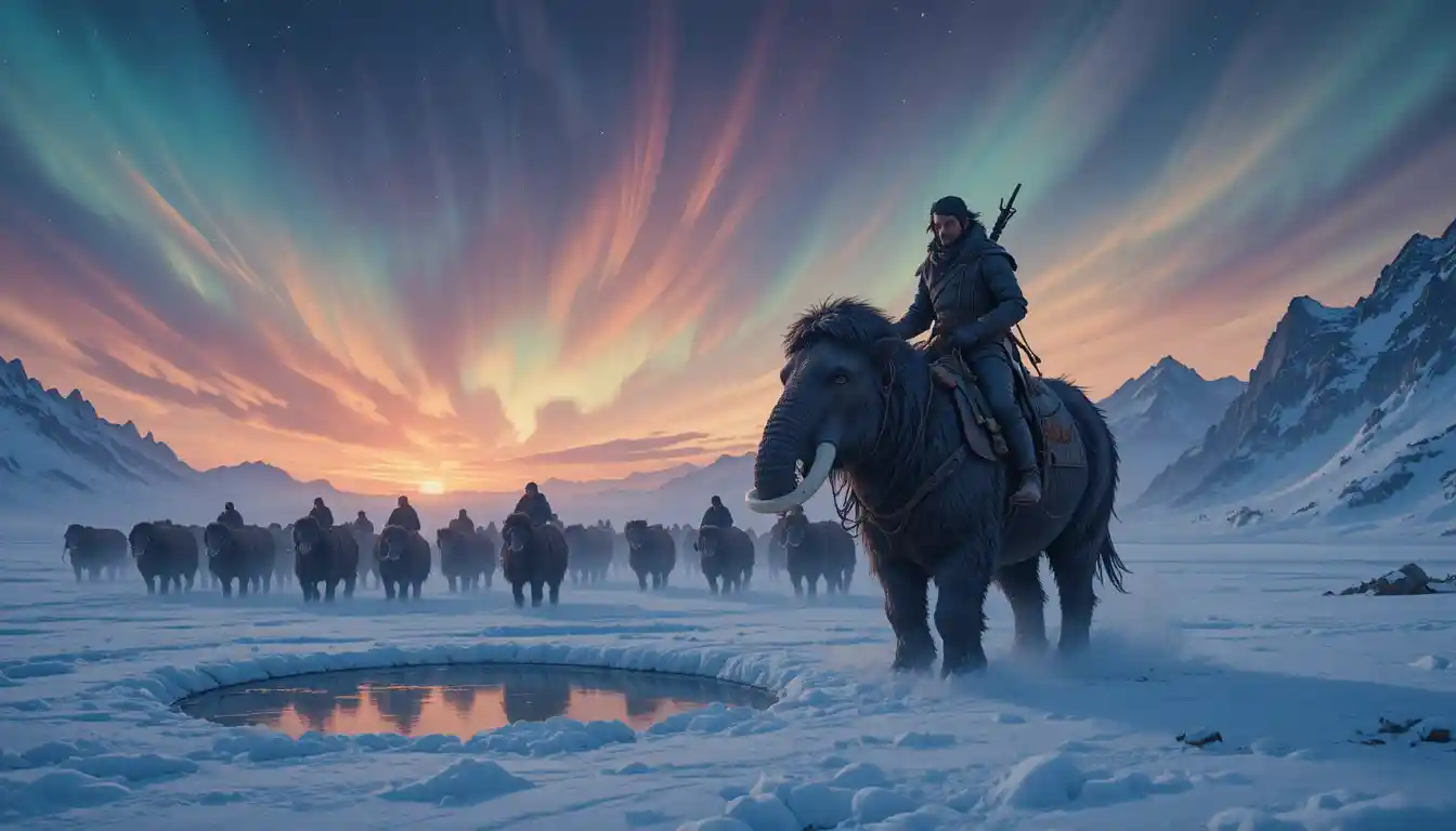 Vaquero ártico montando un mamut bajo un cielo polar resplandeciente