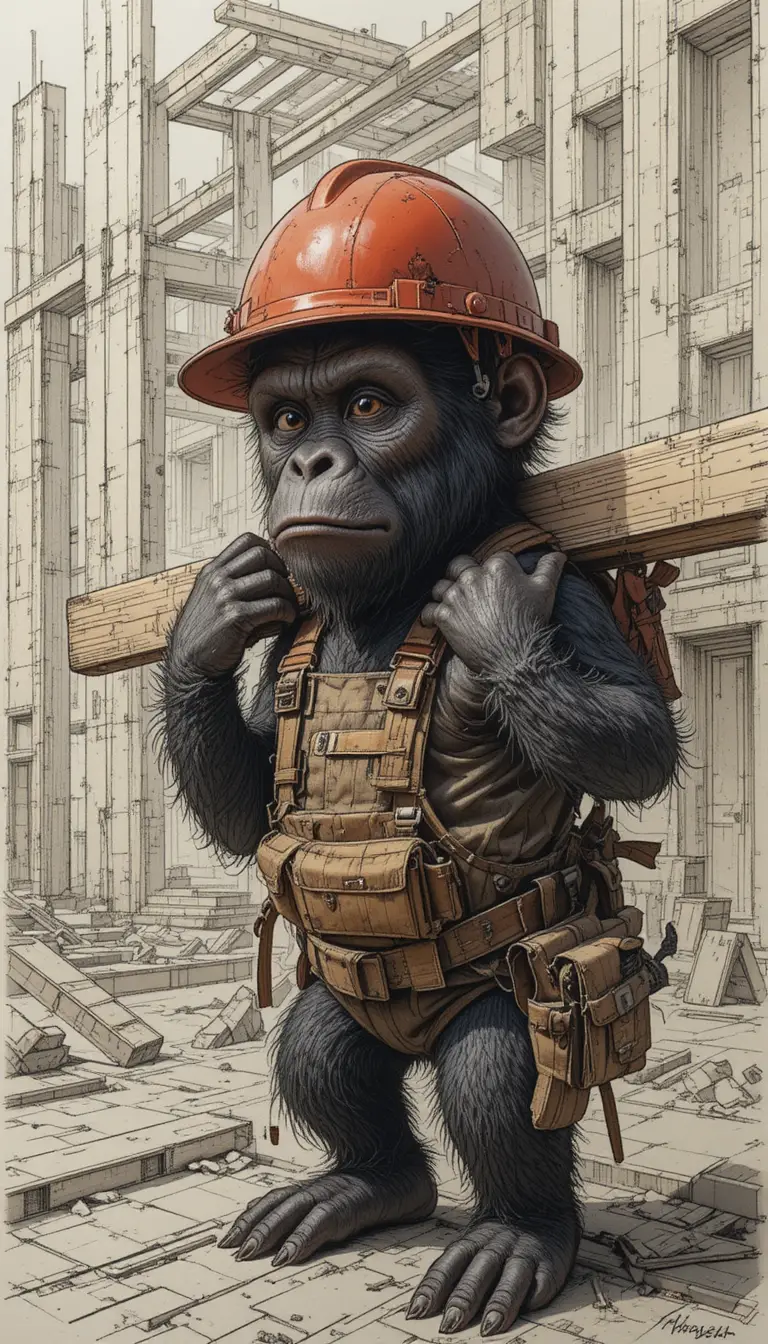 Young gorilla construction worker on busy building site