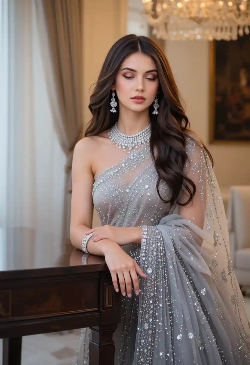 Elegant woman in silver saree gown by wooden table