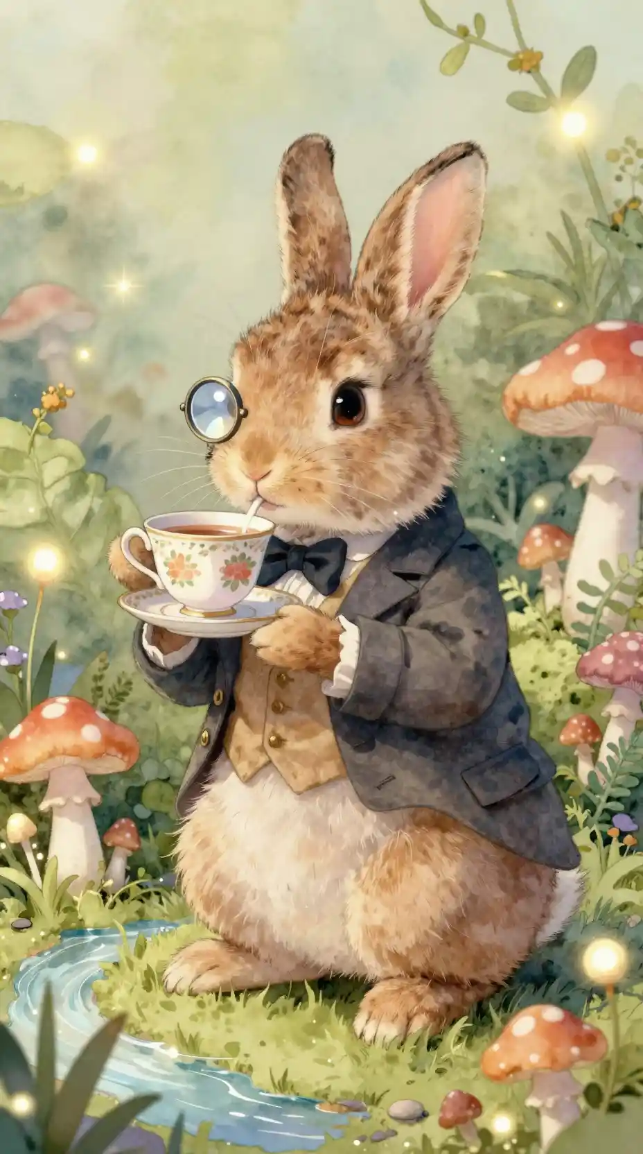 Victorian rabbit sipping tea in a magical garden