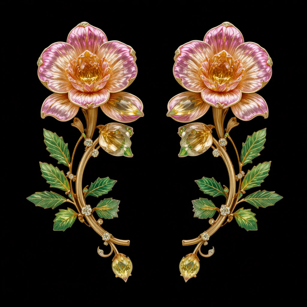 色とりどりの宝石の花びらが輝くゴールドのフリージアフラワーピアス