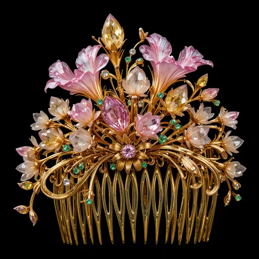 Peigne à Cheveux Orné en Or avec Fleurs de Freesia en Topaze Rose
