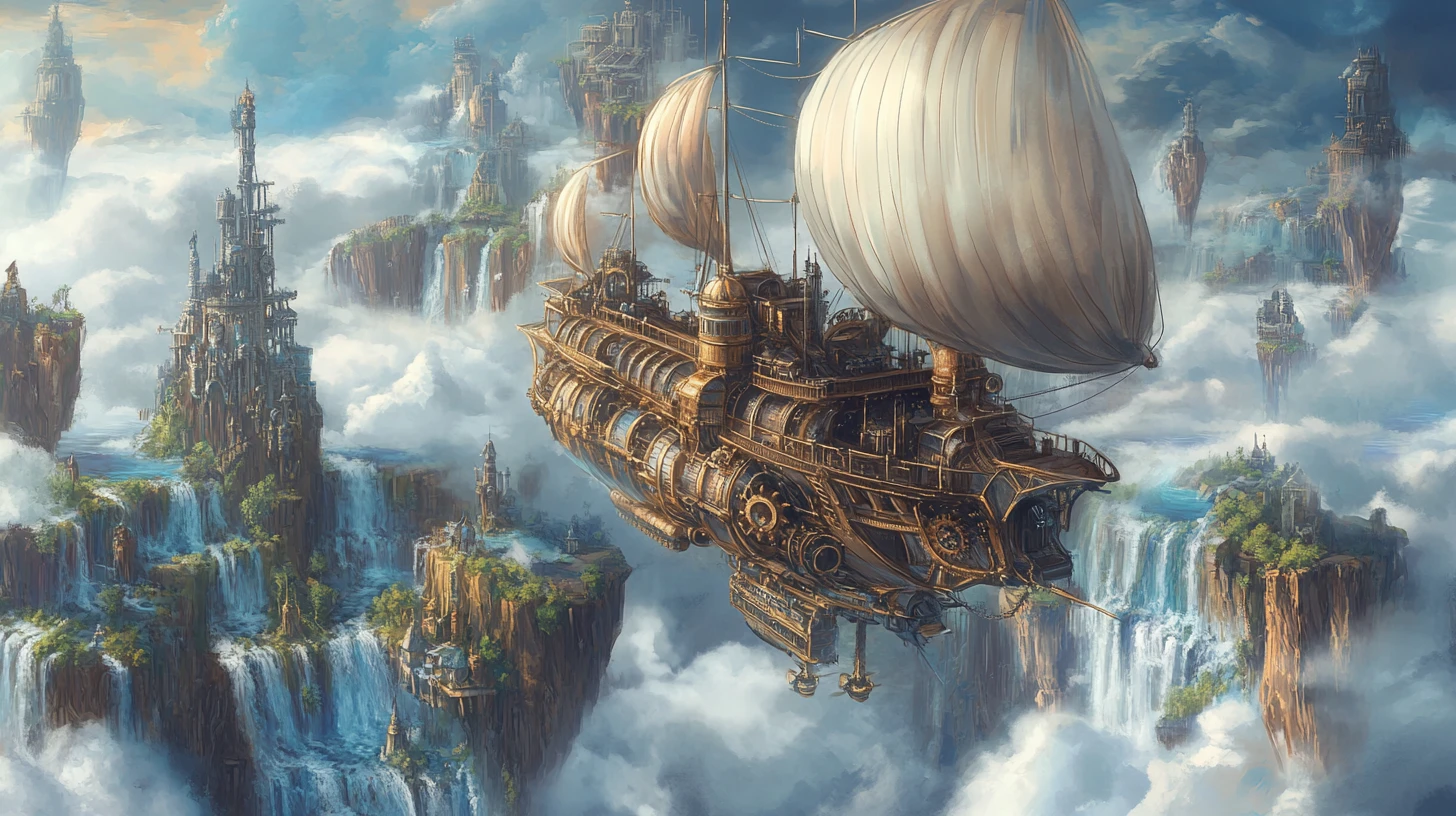 Dirigibile steampunk che naviga tra imponenti isole fluttuanti