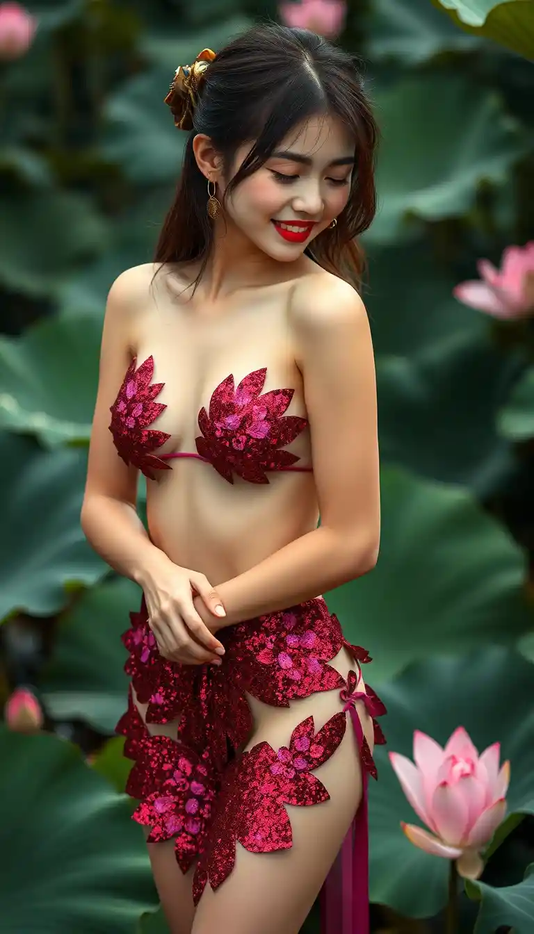Sensual woman covered in lotus leaf glitter clothing