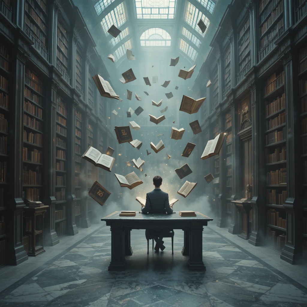 Biblioteca infinita surreale con lettore a una scrivania fluttuante