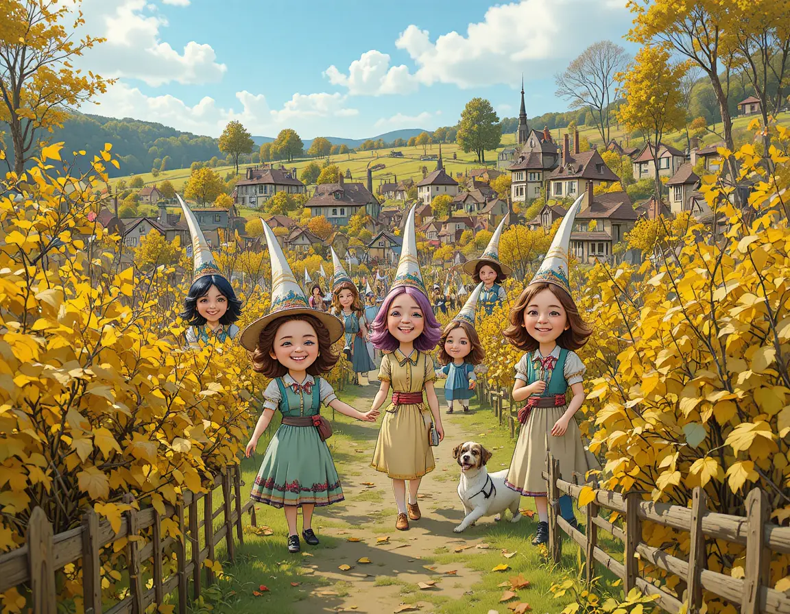 Young girls with scarves on hats walking through vineyard