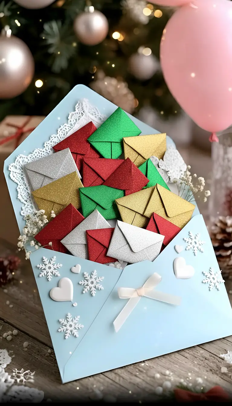 Colorful envelopes arranged in a bright festive display