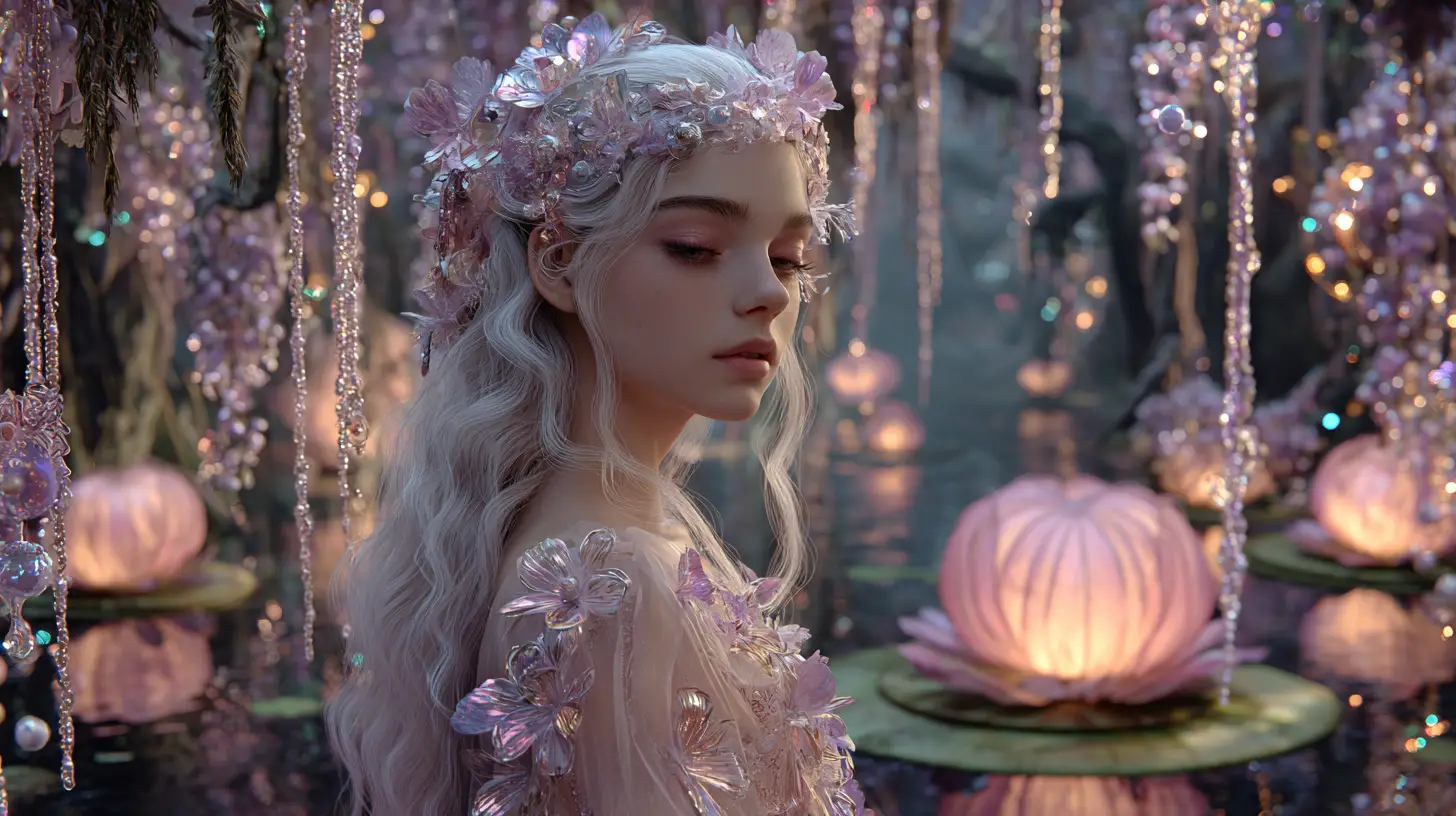 Serene forest spirit by a glowing crystal pond
