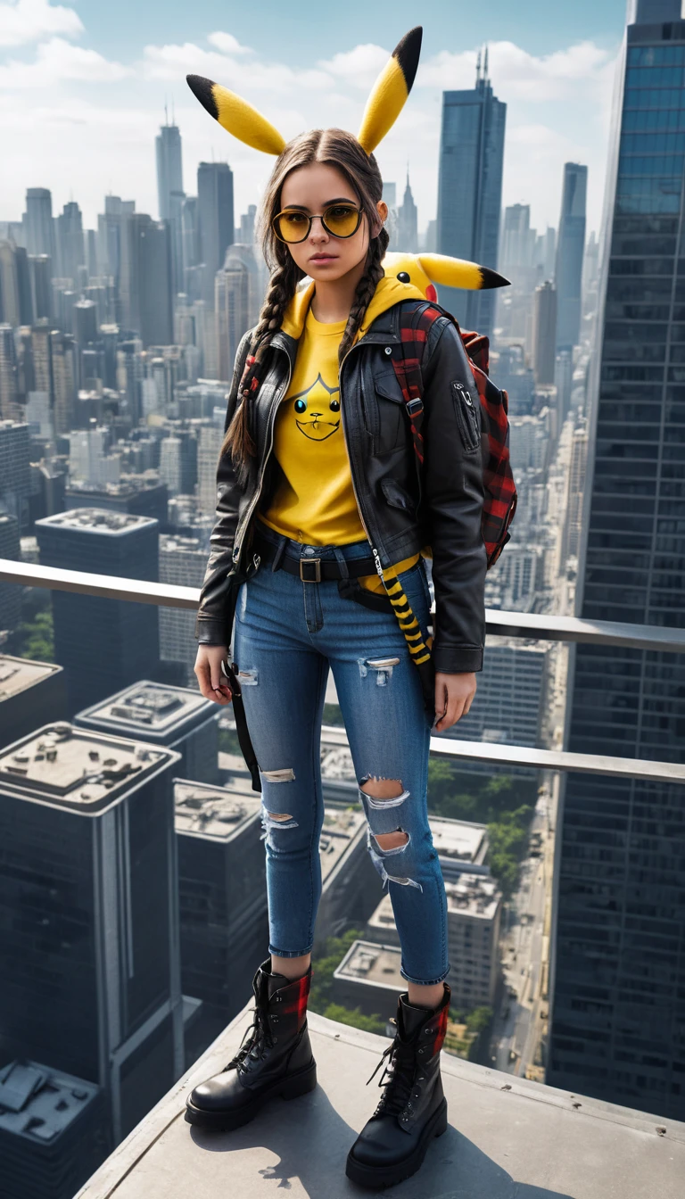 Edgy woman with crossbow on city rooftop
