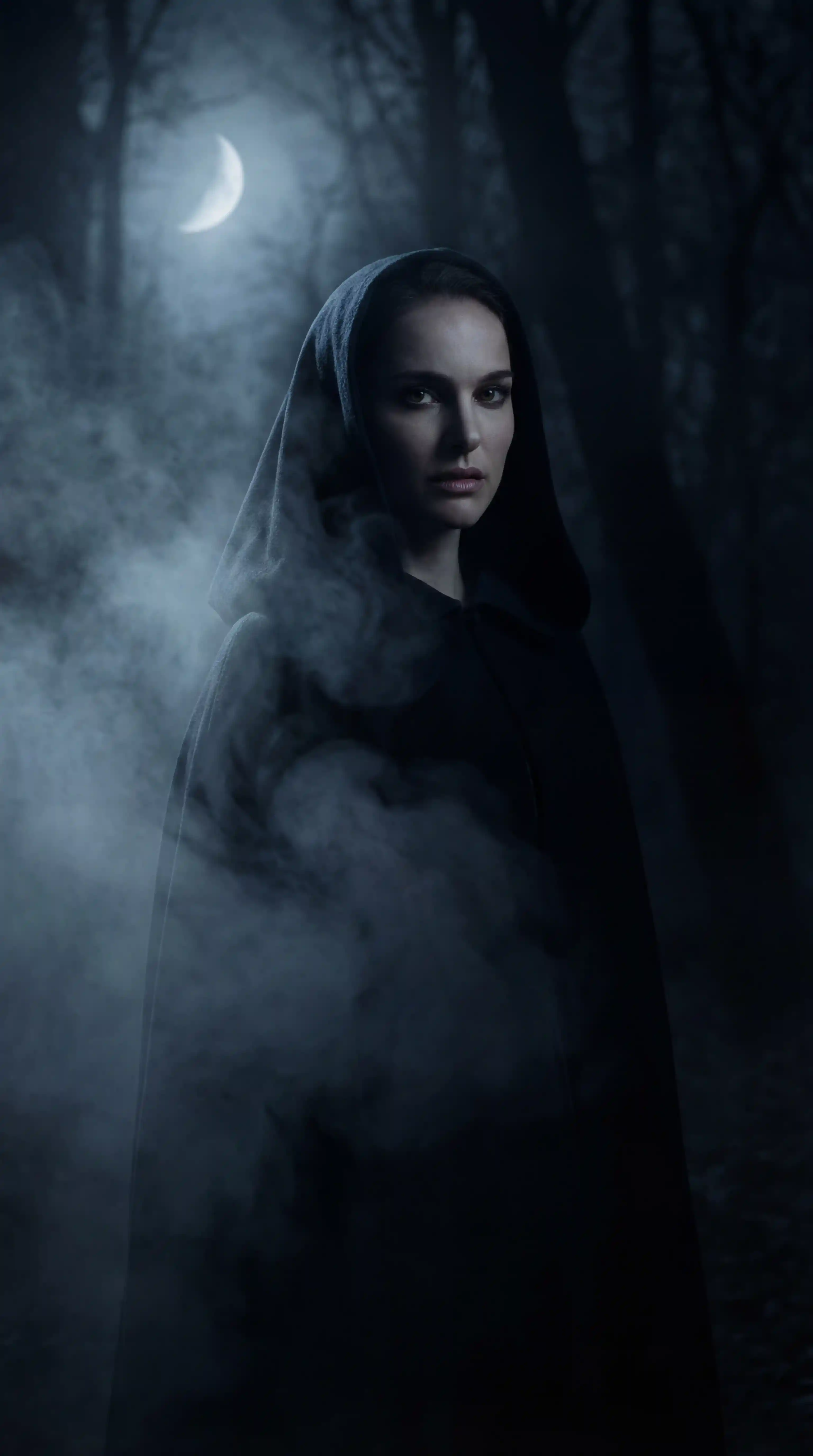 Woman emerging from mist in soft moonlight portrait