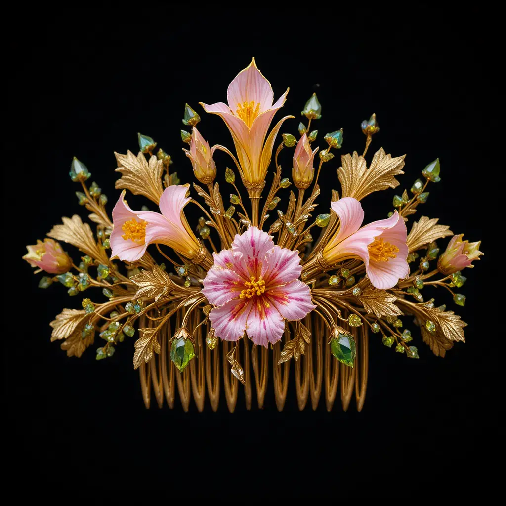 Goldener Haarkamm mit floralen Motiven und pinken sowie gelben Edelsteinen