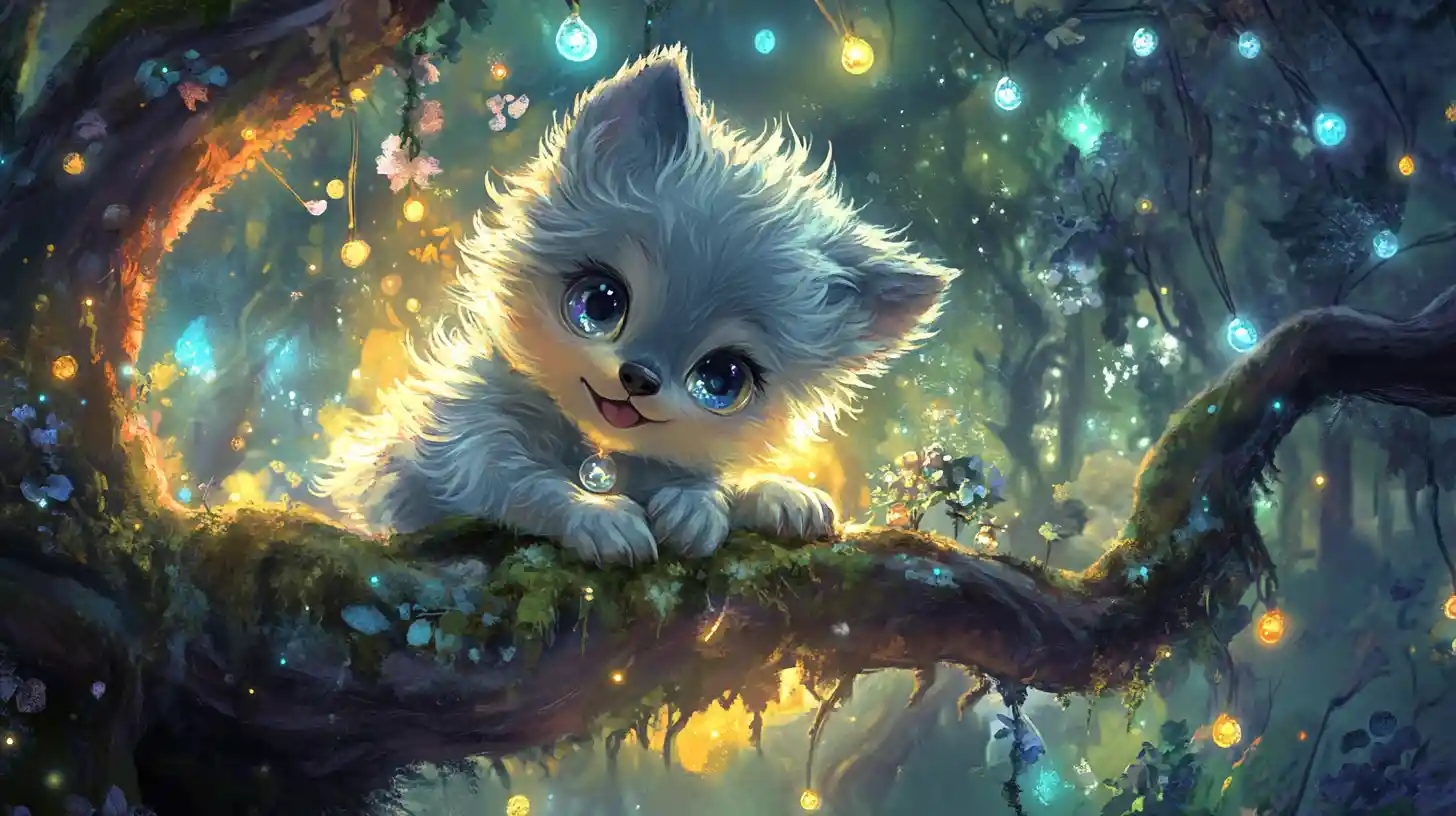 Cute baby wolf on glowing branch in enchanted forest