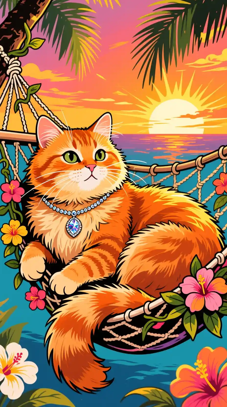 Fluffy orange cat resting in a floral vine hammock