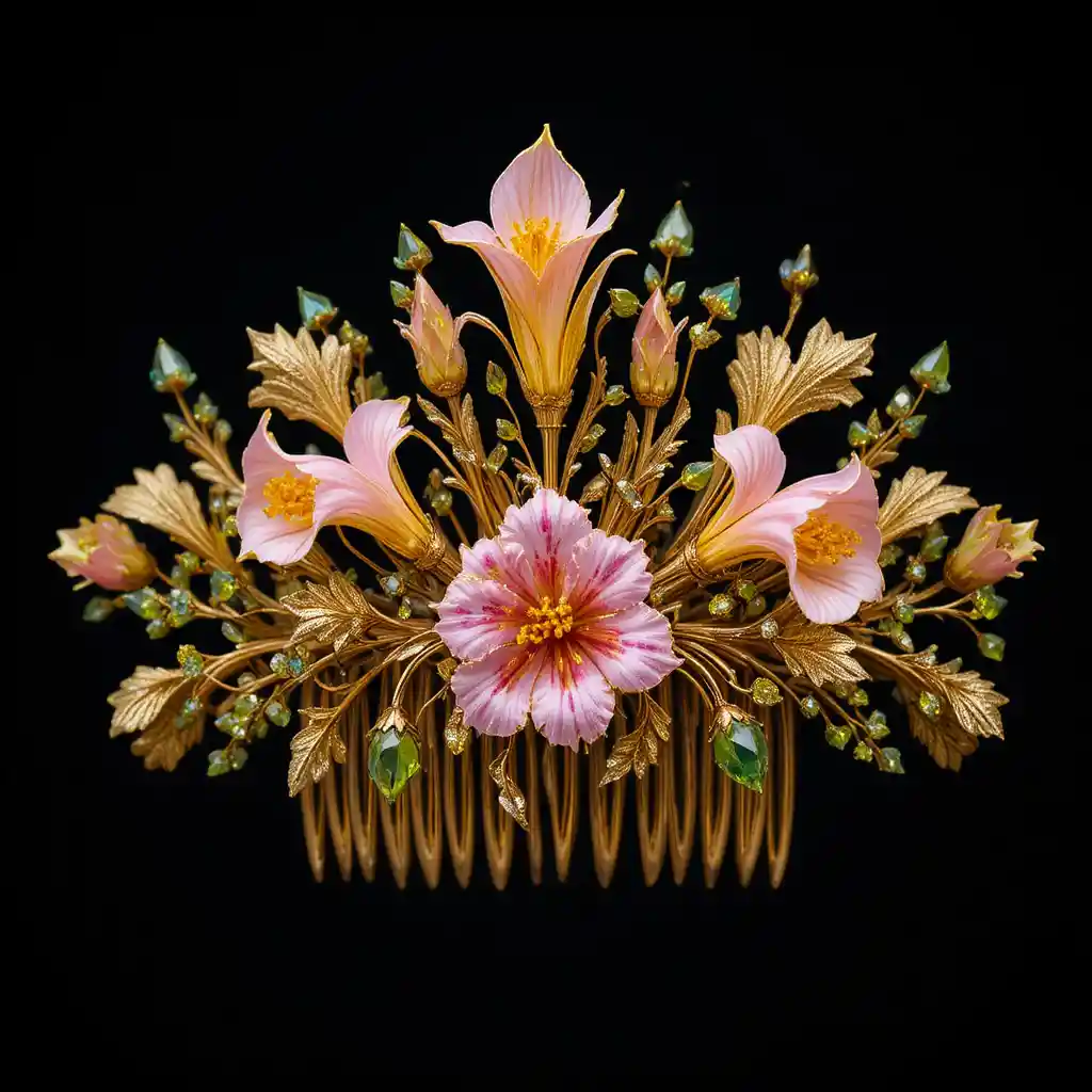Goldener Haarkamm mit floralen Motiven und pinken sowie gelben Edelsteinen