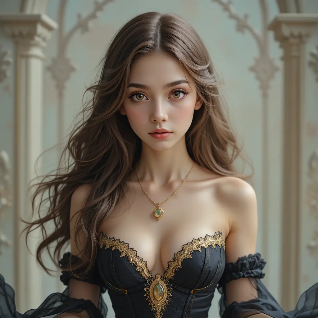 身穿優雅深色禮服的年輕女子奇幻人像