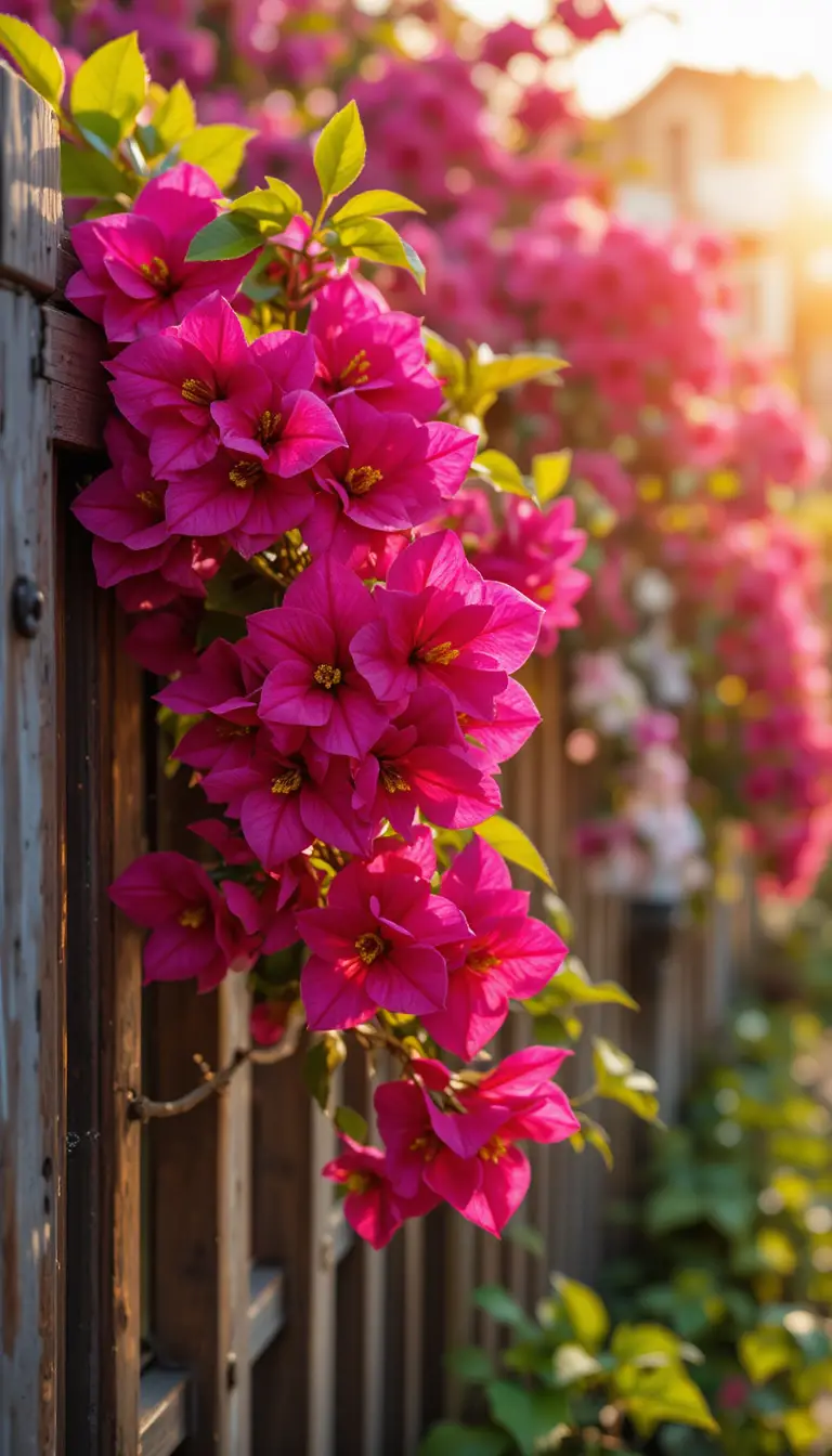 Magenta bougainvillea flowers glowing against a rustic fence