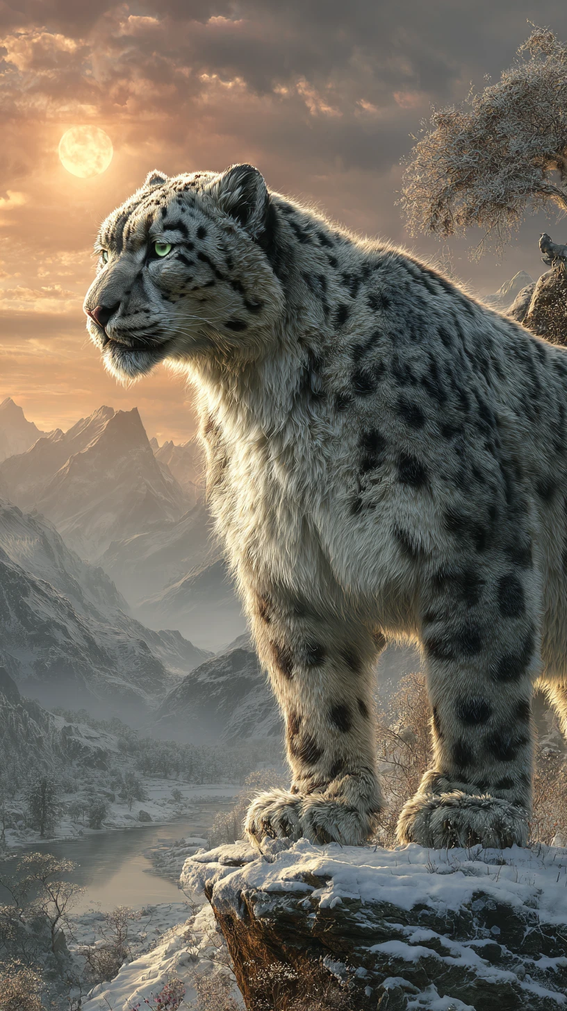 Leopardo-das-neves em penhasco suíço nevado sob a lua nascente