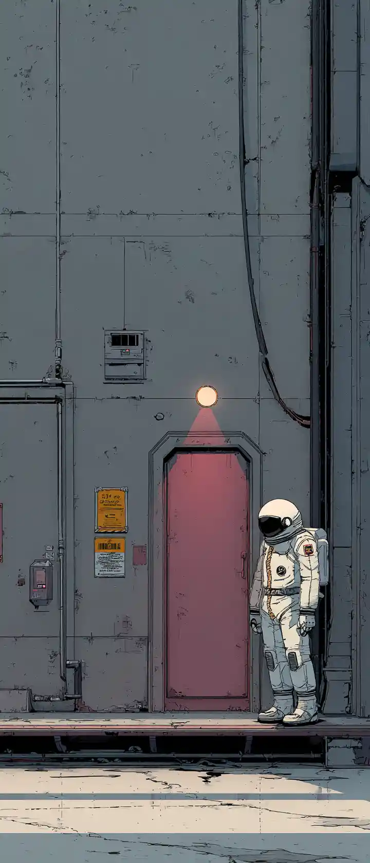 Einsame Gestalt in einem minimalistischen Retro-Sci-Fi-Weltraumkorridor
