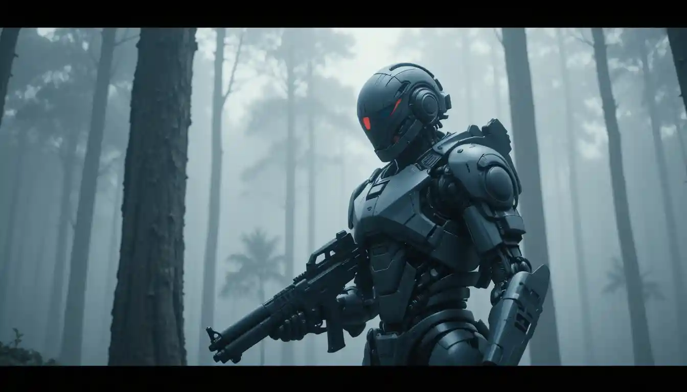 Armed humanoid combat robot in a misty forest