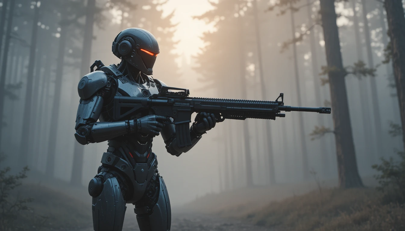Robô de combate futurista protegendo uma floresta enevoada ao amanhecer