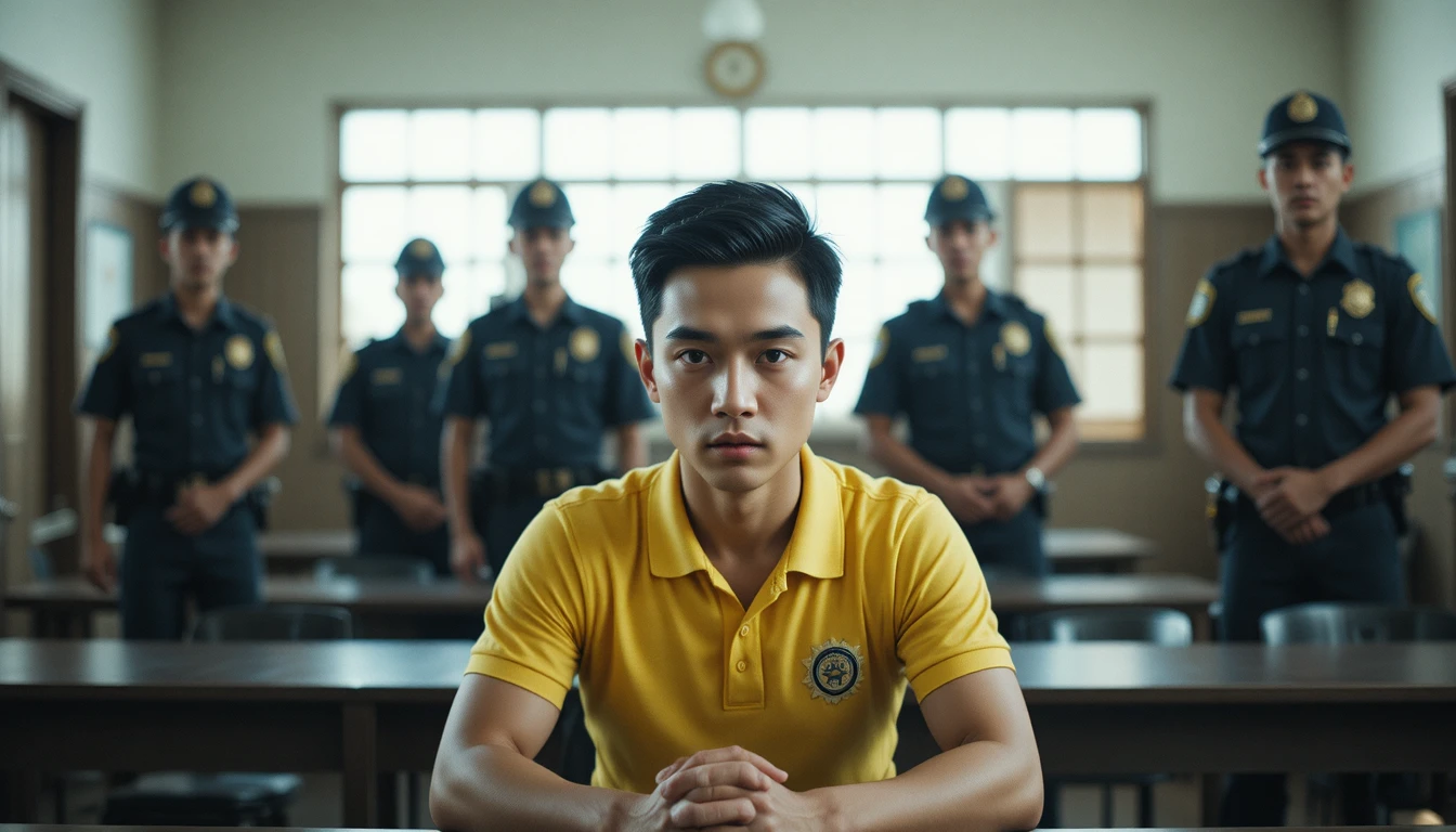 Young man under questioning in a rural police station