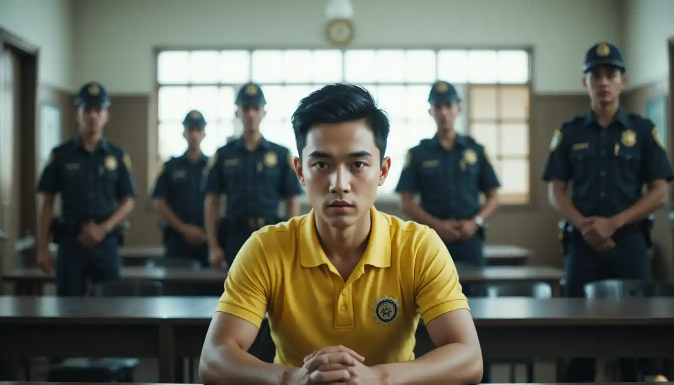 Young man under questioning in a rural police station