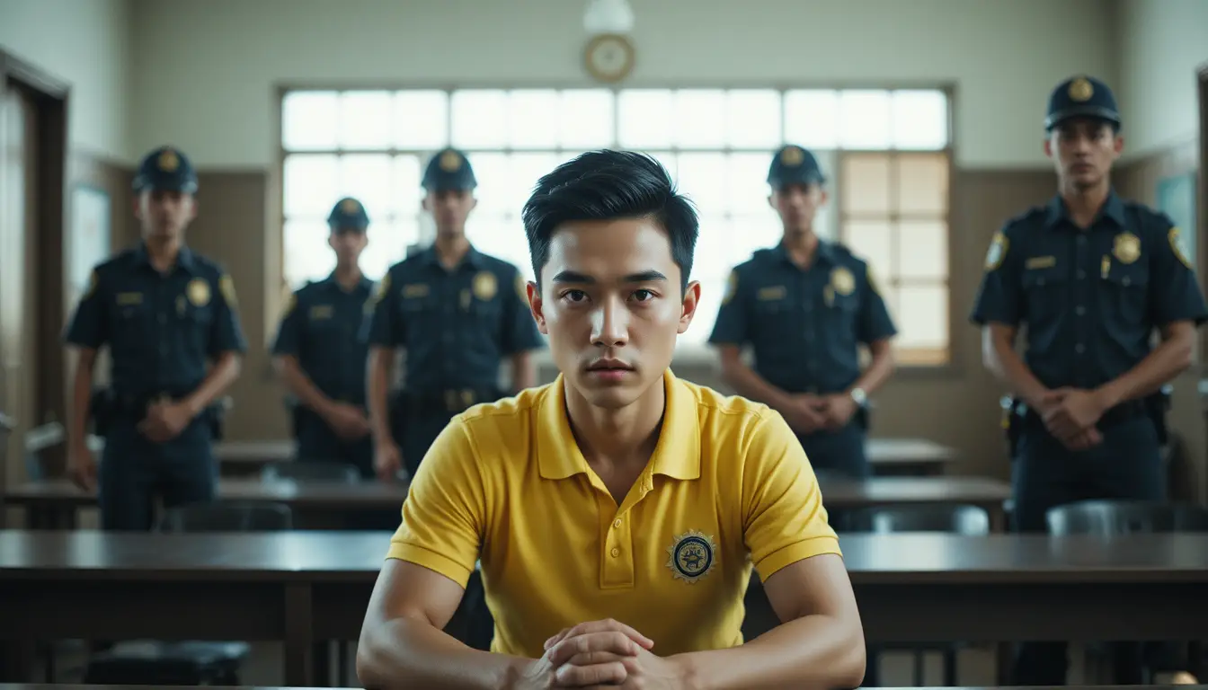 Young man under questioning in a rural police station