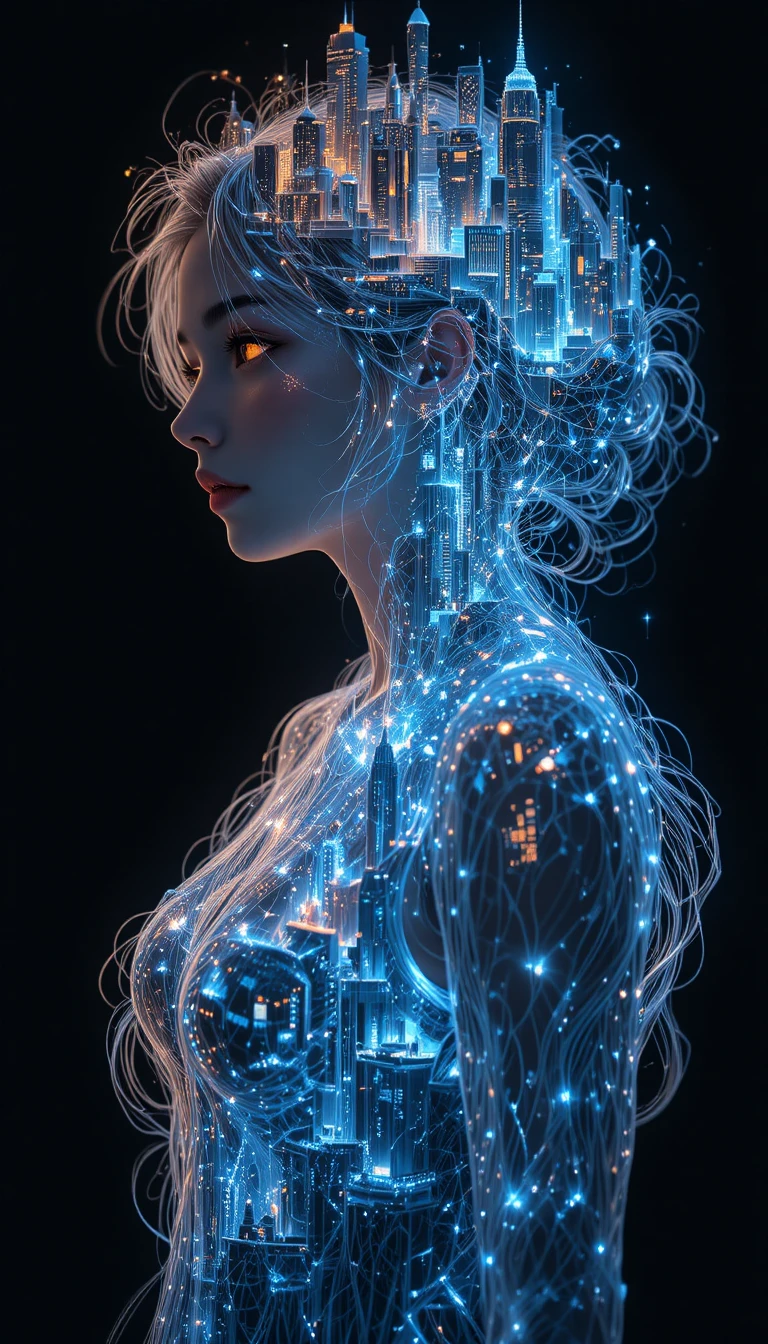 Anime girl with glowing cityscape hair in dark void