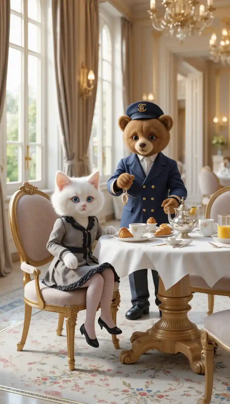 Tiny dressed kittens having breakfast in a luxurious Paris room